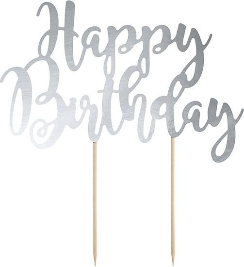 PartyDeco zapichovací dekorace na dort stříbrná Happy Birthday PartyDeco
