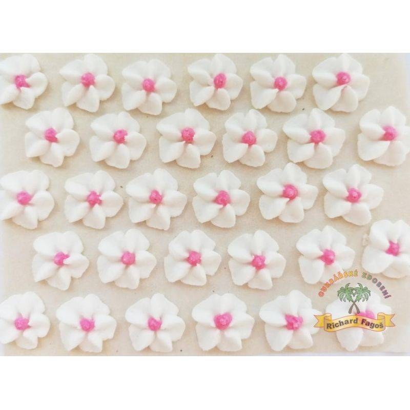 Cukrové květy bílé s růžovým středem na platíčku 30ks Fagos