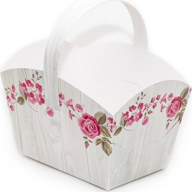 Svatební košíček na cukroví vzor dřevo s květinami (10 x 6