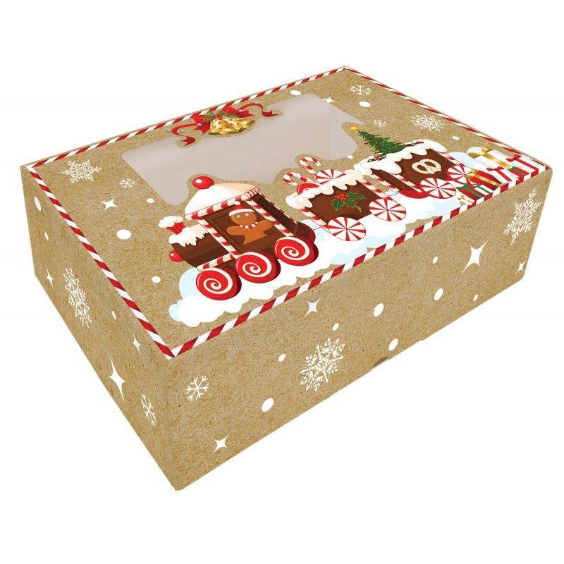 Krabička na cukroví skládací s okénkem 25x15x7cm 1ks vánoční vláček Alvarak
