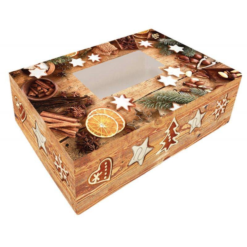Krabička na cukroví skládací s okénkem 25x15x7cm 1ks imitace dřeva vánoční Alvarak